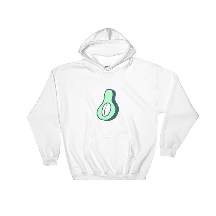 White Plantcado hoodie with a green avocado design